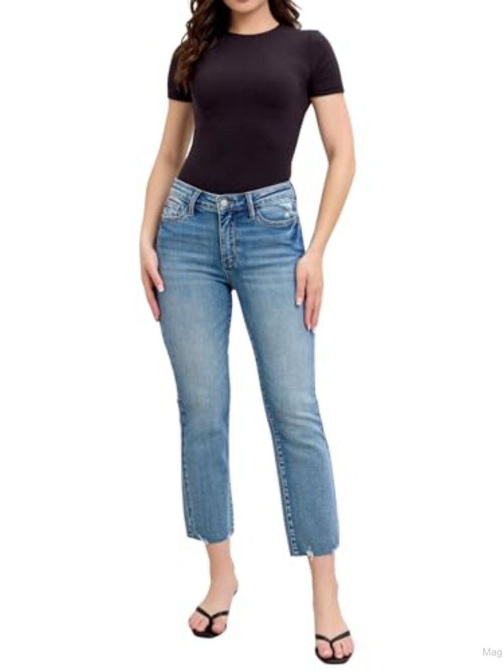 Mid Rise Kick Flare Jeans Vintage Destroy Hem Stretch Denim 26" Inseam